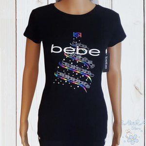 NWT BEBE AUTHENTIC CHRISTMAS TREE WOMEN'S BLACK CREW NECK SHORT SLEEVE T-SHIRT